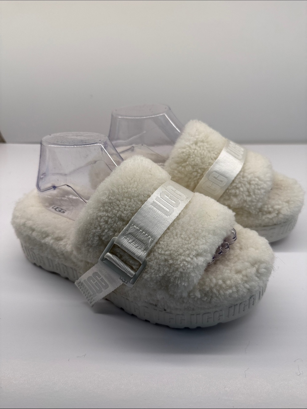 UGG Cream Plush Shearling Slide with Branded Strap